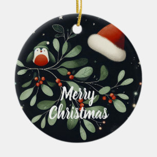 Ornamento De Cerâmica Bebê Foto de Natal Mistletoe Robin Wreath