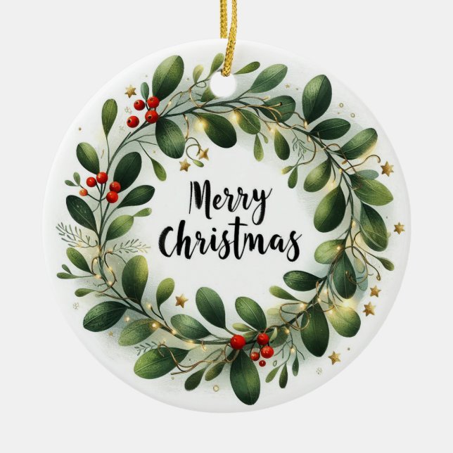 Ornamento De Cerâmica Bebê Foto de Natal Mistletoe Wreath (Frente)