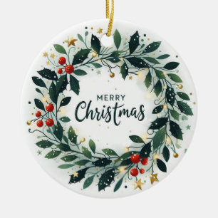 Ornamento De Cerâmica Bebê Foto de Natal Mistletoe Wreath