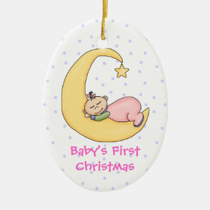 Ornamento De Cerâmica Bebê Garota na Lua Primeira Ornação de Natal