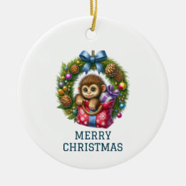 Ornamento De Cerâmica Bebê Macaco Natal Fofo