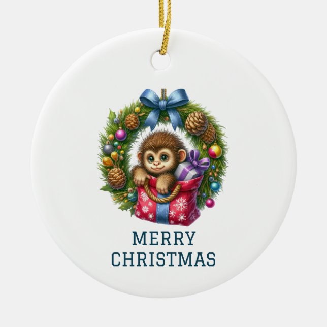 Ornamento De Cerâmica Bebê Macaco Natal Fofo (Frente)