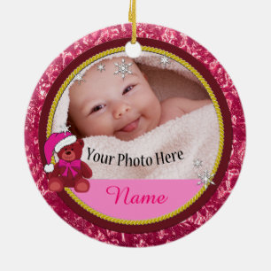 Ornamento De Cerâmica Bebê-Menina Rosa Urso-Rosa Personalizado Natal