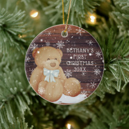 Ornamento De Cerâmica Bebê Menino Primeiro Natal Urso de Pé Neve
