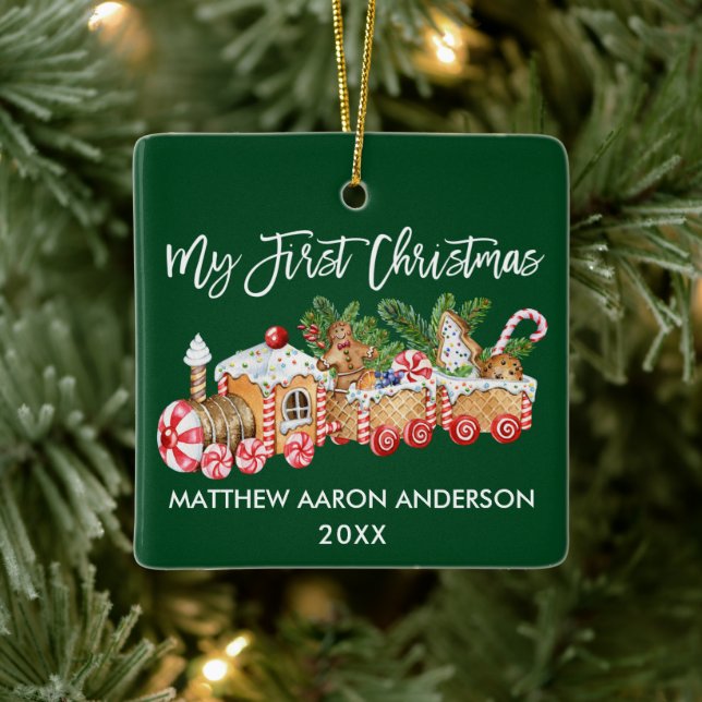 Ornamento De Cerâmica Bebê Meu Primeiro Pão De Natal Trem Verde (Árvore)