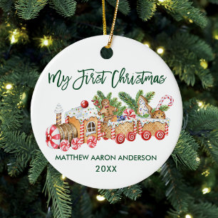 Ornamento De Cerâmica Bebê Meu Primeiro Pão De Natal Trem Verde