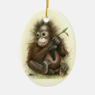 Ornamento De Cerâmica Bebê Orangotango Com Folhas