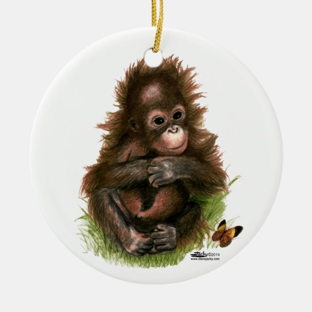 Ornamento De Cerâmica Bebê Orangotango e Borboleta (Frente)