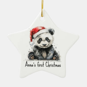 Ornamento De Cerâmica bebê panda vestindo chapéu de natal, personalizáve