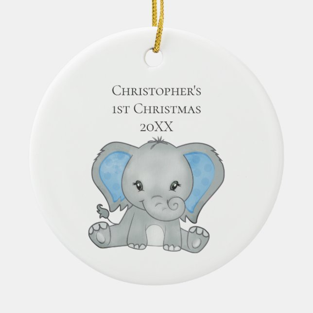 Ornamento De Cerâmica Bebê Personalizado Elefante Azul Bebê 1 rua Natal (Frente)