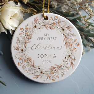 Ornamento De Cerâmica Bebê Personalizado Primeiro Natal Boho Flores Selv