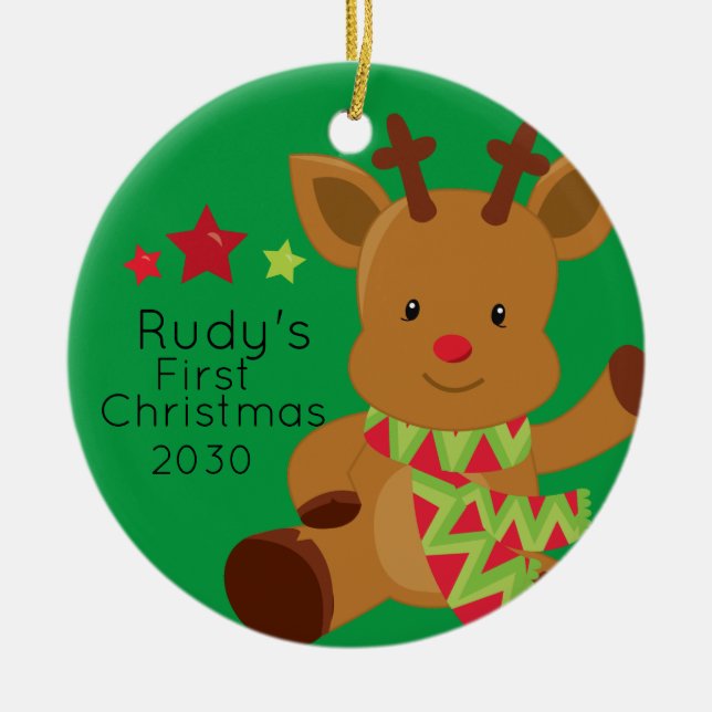 Ornamento De Cerâmica Bebê Personalizado Rudolph Reindeer 1rua Natal (Frente)