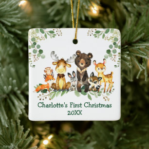 Ornamento De Cerâmica Bebê Primeiro Natal Animais Florestais Greeneresce