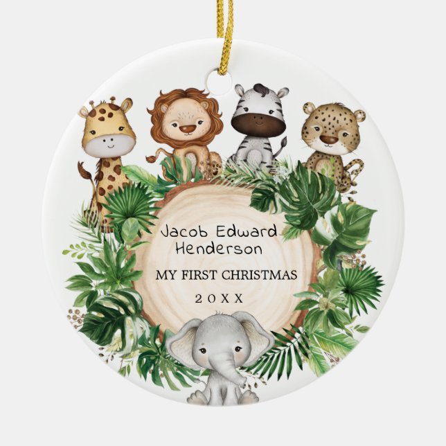 Ornamento De Cerâmica Bebê Primeiro Natal Animais Safari (Frente)