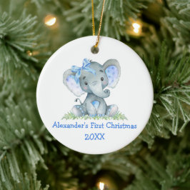 Ornamento De Cerâmica Bebê Primeiro Natal Aquarela Arco Elefante Azul