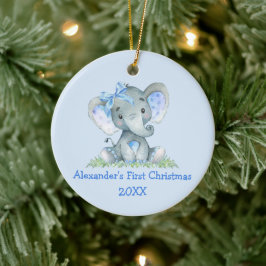 Ornamento De Cerâmica Bebê Primeiro Natal Aquarela Elefante Arco Azul