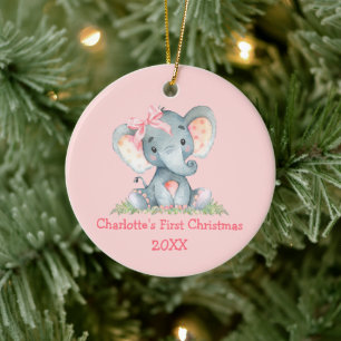 Ornamento De Cerâmica Bebê Primeiro Natal Aquarela Elefante-Arco Rosa