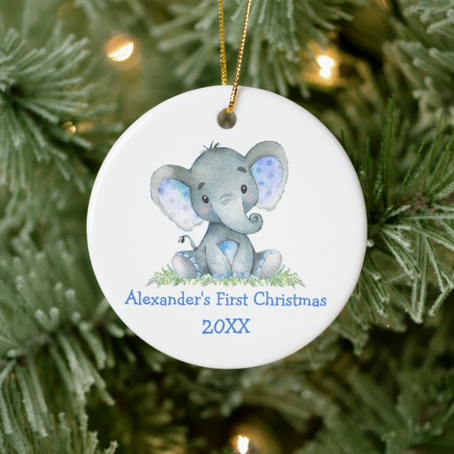 Ornamento De Cerâmica Bebê Primeiro Natal Aquarela Elefante Azul (Árvore)