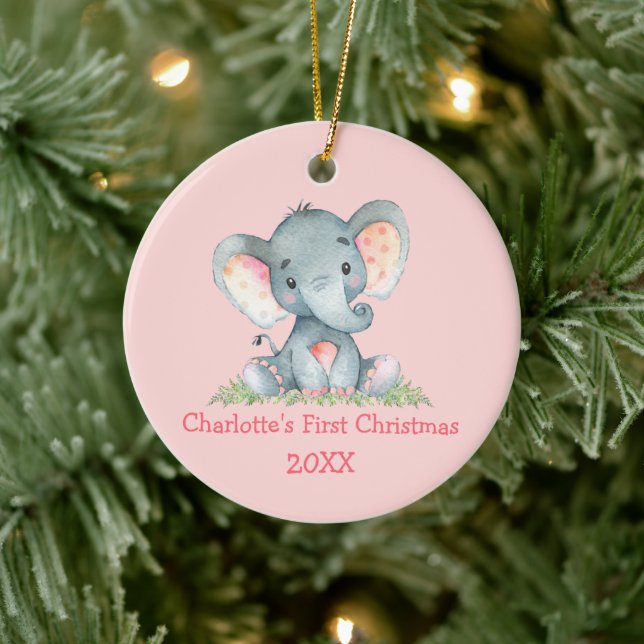 Ornamento De Cerâmica Bebê Primeiro Natal Aquarela Elefante Rosa (Árvore)