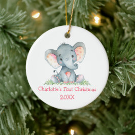 Ornamento De Cerâmica Bebê Primeiro Natal Aquarela Elefante Rosa