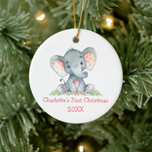 Ornamento De Cerâmica Bebê Primeiro Natal Aquarela Elefante Rosa