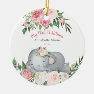 Ornamento De Cerâmica Bebê Primeiro Natal Blush Rosa Elefante