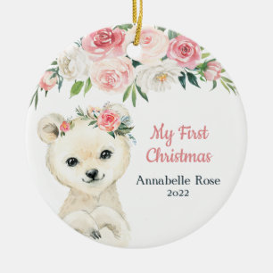 Ornamento De Cerâmica Bebê Primeiro Natal Blush Rosa Polar Bear