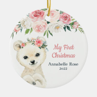 Ornamento De Cerâmica Bebê Primeiro Natal Blush Rosa Polar Bear