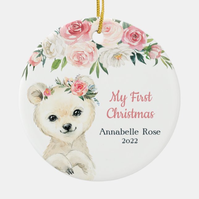 Ornamento De Cerâmica Bebê Primeiro Natal Blush Rosa Polar Bear (Frente)