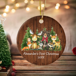 Ornamento De Cerâmica Bebê Primeiro Natal Floresta Animais Arco Vermelho