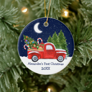Ornamento De Cerâmica Bebê Primeiro Natal Floresta de Caminhões Estend