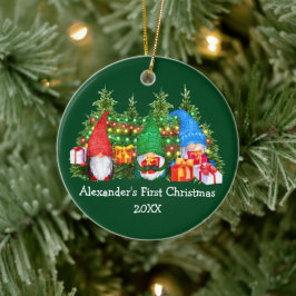 Ornamento De Cerâmica Bebê Primeiro Natal Luz Gnomos Verde