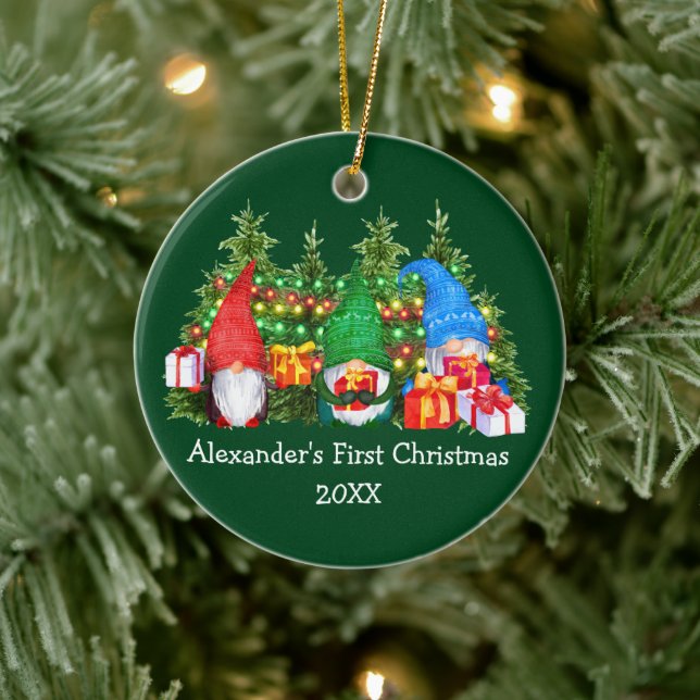 Ornamento De Cerâmica Bebê Primeiro Natal Luz Gnomos Verde (Árvore)