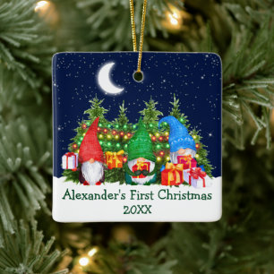 Ornamento De Cerâmica Bebê Primeiro Natal Luzes Aquarela Cognomos Céu