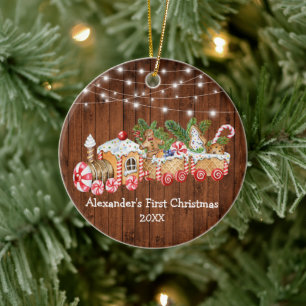 Ornamento De Cerâmica Bebê Primeiro Natal Pão Gingerido Comboio Madeir
