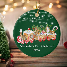 Ornamento De Cerâmica Bebê Primeiro Natal Pão-Gingerpão Trem Luzes