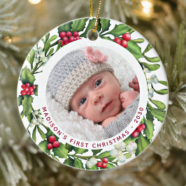 Ornamento De Cerâmica Bebê Primeiro Natal Personalize 2 Foto Mistletoe
