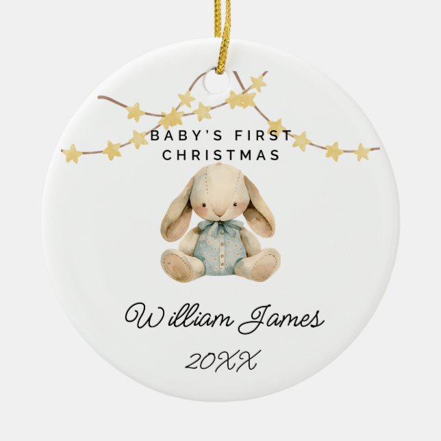 Ornamento De Cerâmica Bebê Primeiro Natal Raios Bebê-Rapaz Bonito (Frente)