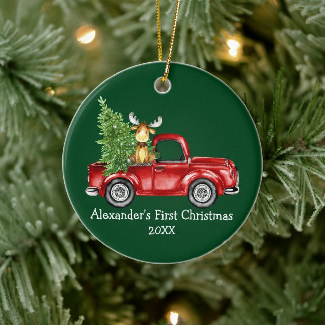 Ornamento De Cerâmica Bebê Primeiro Natal Red Truck Moose Green Round (Árvore)