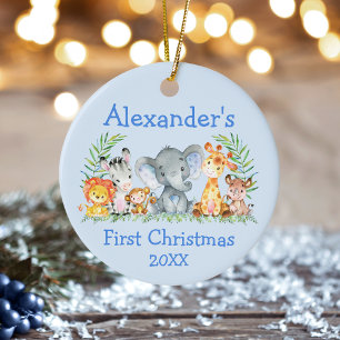 Ornamento De Cerâmica Bebê Primeiro Natal Safari Animais Azuis 