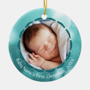 Ornamento De Cerâmica Bebê Primeiro Natal Teal Bokeh Foto Personalizada
