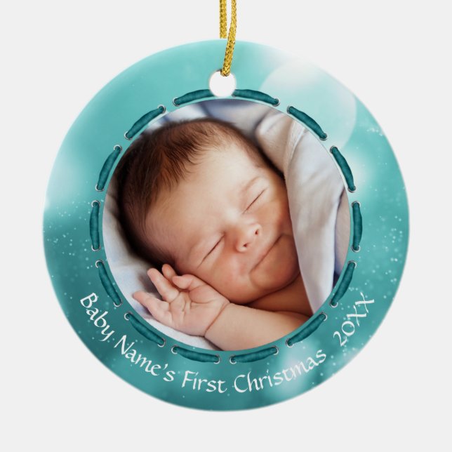 Ornamento De Cerâmica Bebê Primeiro Natal Teal Bokeh Foto Personalizada (Frente)