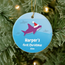 Ornamento De Cerâmica Bebê Primeiro Natal Tubarão Roxo