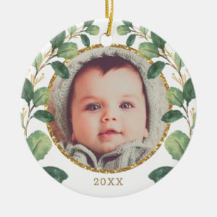 Ornamento De Cerâmica Bebê Primeiro Natal Verde Dourado Eucalipto
