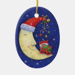 Ornamento De Cerâmica Bebê Primeiro Papais noeis de Natal Lua Monograma