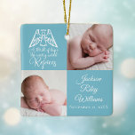 Ornamento De Cerâmica Bebê Rapaz Foto Rejoice Angel Cute Blue Christmas<br><div class="desc">Linda e azul personalizada decoração de fotos de Natal para um novo bebê. Personalize este presente de natal com sua foto recém-nascida ao lado do lindo anjo voando sobre as palavras A Thrill of Hope the Weary World Rejoices . Aproveite e adicione o nome do seu filho e a data...</div>
