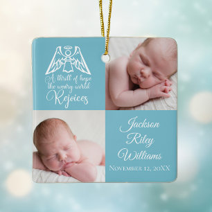 Ornamento De Cerâmica Bebê Rapaz Foto Rejoice Angel Cute Blue Christmas