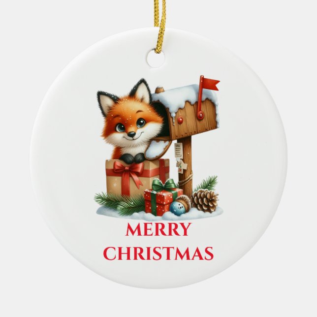 Ornamento De Cerâmica Bebê Raposa Fofa Natal (Frente)