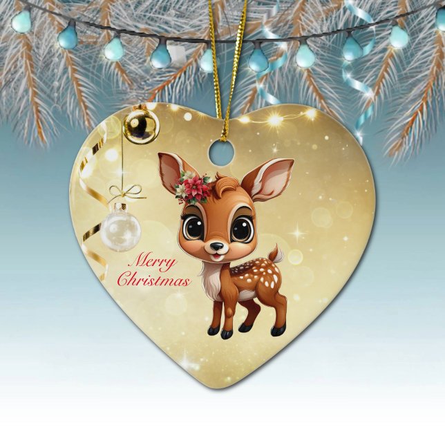 Ornamento De Cerâmica Bebê Veado, Cervo, Corça 🦌 🎄Feliz Natal Dourado (Baby Deer, Floral Fawn, Cute Doe Poinsettia Flower Merry Christmas Gold Heart Ceramic Ornament 🦌🎄)