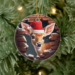 Ornamento De Cerâmica Bebê veado em Santa Hat